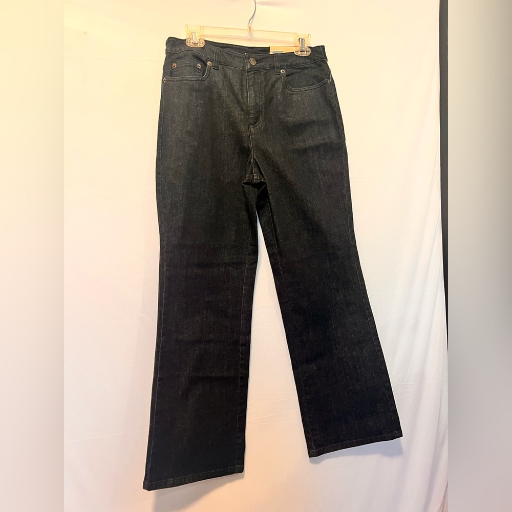 TALBOTS Women Flare Leg Denim Stretch Jeans 10 Petite Dark Indigo Rinse New